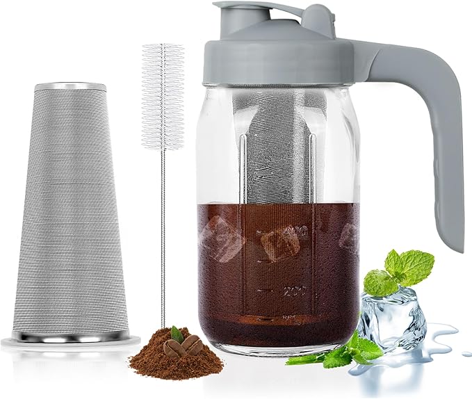 Cold Brew Coffee Maker Pitcher,64 Oz Heavy Duty Glass Mason Jar Pitcher with V-shaped Pour Spout Handle Lid,Stainless Steel Filter for Iced Coffee,Iced tea,Fruit Drinks,lemonade - Blue