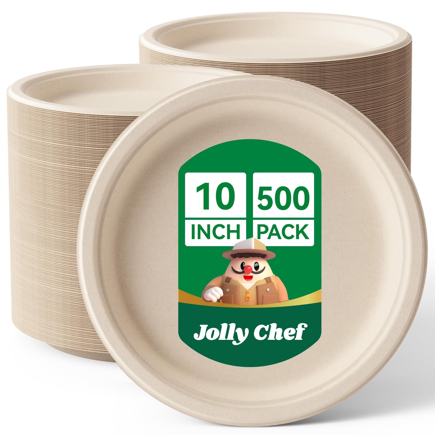 JOLLY CHEF Compostable Heavy Duty Plates 𝟭𝟬 𝗜𝗻𝗰𝗵 [𝟱𝟬𝟬 𝗣𝗮𝗰𝗸] Eco-Friendly Disposable Paper Plates Natural Bagasse Biodegradable Sugarcane Bulk for Party Hot Cold Dinner Christmas (Brown)