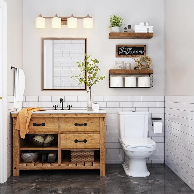 QEEIG ‎Bathroom Shelves Over Toilet - Paper Storage Wall Mounted Farmhouse Decor Decorations Aesthetic Décor Sign Small Floating Shelf 2+1 Set 16 inch, Rustic Brown (020BN)