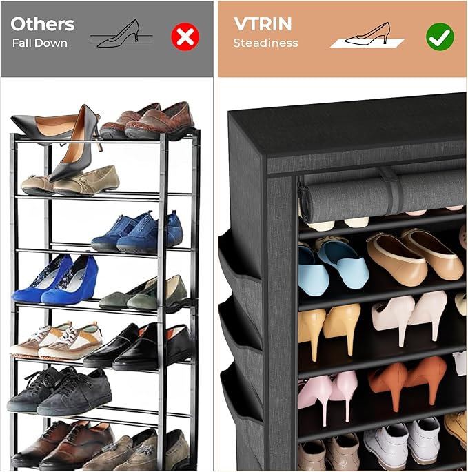 VTRIN Vertical Narrow Shoe Rack Organizer Tall Shoe Rack for Closet Entryway 10 Tier Non-Woven Cover Shoe Shelf Holds 36-41 Pairs Free Standing Shoe Storage Cabinet with Dustproof Cover, Black
