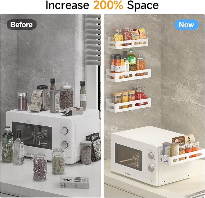 2 Pack Strong Magnetic Spice Rack for Refrigerator, Multipurpose Magnetic Shelf for Fridge with 4 Hooks for kitchen and Bathroom Organization, White