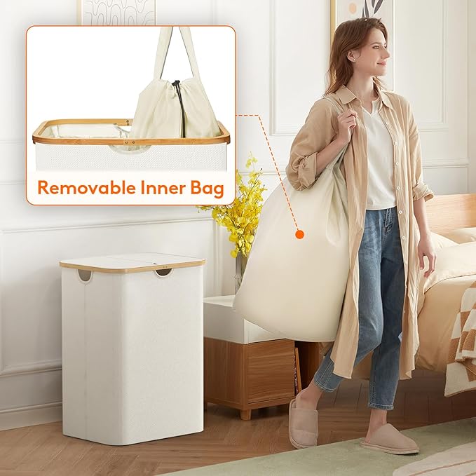 Lifewit 150L Laundry Basket with Lid, Clothes Hampers for Laundry with Bamboo Handles and 2 Removable Bag, Large Foldable Laundry Hamper for Bedroom, Bathroom, Dorm, Laundry Room, Off White