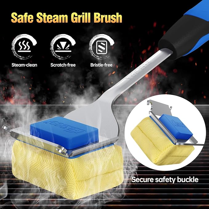Grill Brush Bristle Free for Outdoor Grill,BBQ Grill Cleaner Brush and Scraper with Replaceable Head,Safe Steam Cleaning 17'' Long Handle Grilling Accessories for Cast Iron Stainless Steel Grates,Blue