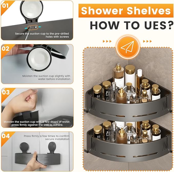 2-Tier Aluminum Suction Cup Corner Shower Caddy, Rustproof No Drilling Bathroom Corner Storage Shelf