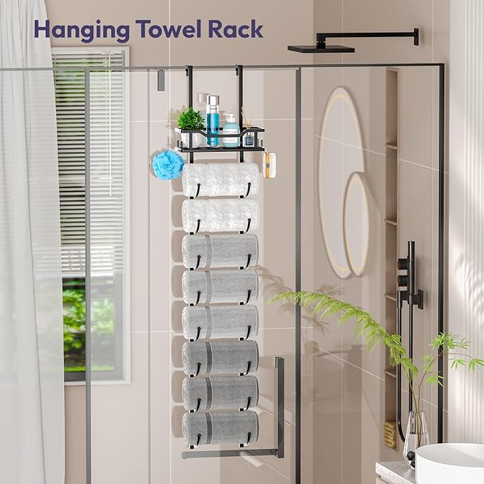 SWTYMIKI Over The Door Towel Rack - 9 Tier Towel Racks for Bathroom Wall Mounted, Towel Holder with Shelf, Hanging Rolled Towel Storage Organizer for Small Bathroom, Camper, RV, Black