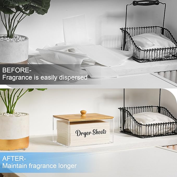 VOTLEVT Acrylic Dryer Sheet Holder with Bamboo Lid,Laundry Dryer Sheet Container and Dispenser for Laundry Room, Fabric Sheet Holder Laundry Organizer