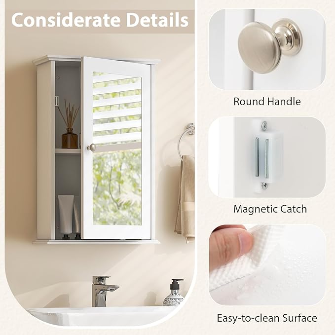 Tangkula Bathroom Medicine Cabinet with Mirror, Wall Mounted Single Mirror Door Storage Cabinet w/Adjustable Shelf, Wall Cabinet w/Reversible Door for Bathroom Living Room Hallway (White)