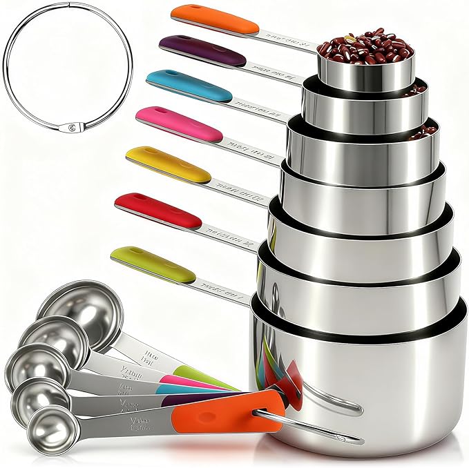 Bopei Measuring Cups and Spoons Set Stainless Steel 10 Piece for Cooking and Baking (5 Cups + 5 Spoons, Colorful Handles)