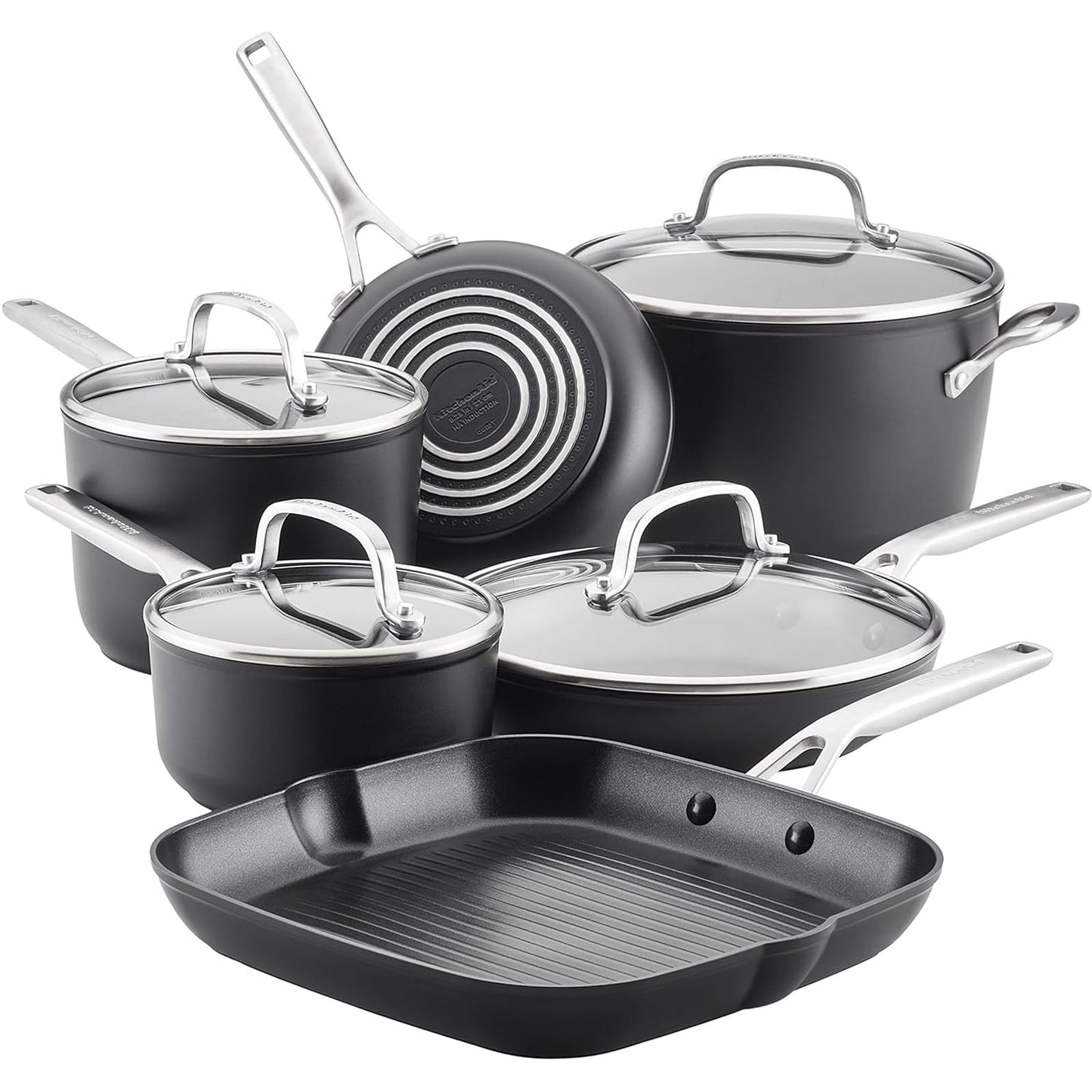 KitchenAid Hard Anodized Induction Nonstick Frying Pan Set With Lid, 3-Piece – 8 & 10 Inch Skillets, Durable, Even Heating, Dishwasher & Oven Safe, Easy-Clean, Matte Black