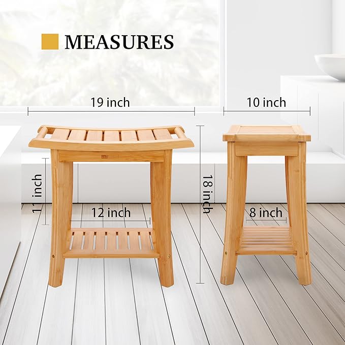 Bamboo Shower Bench with Storage Shelf, Wooden Spa Bath Deluxe Organizer Shower Stool for Inside Shower, Bathroom Bench Seat for Adults Elderly Seniors for Indoor or Outdoor Use
