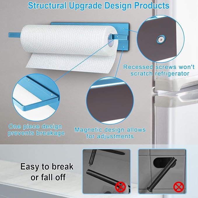 Paper Towel Holder Magnetic, Magnetic Paper Towel Holder for Fridge, Toilet Paper Roll Holder Magnet Towel Rack Wall Mount Shelf Bar for Towels Rolls Bathroom RV Dorm Kitchen Wall Decor, Blue