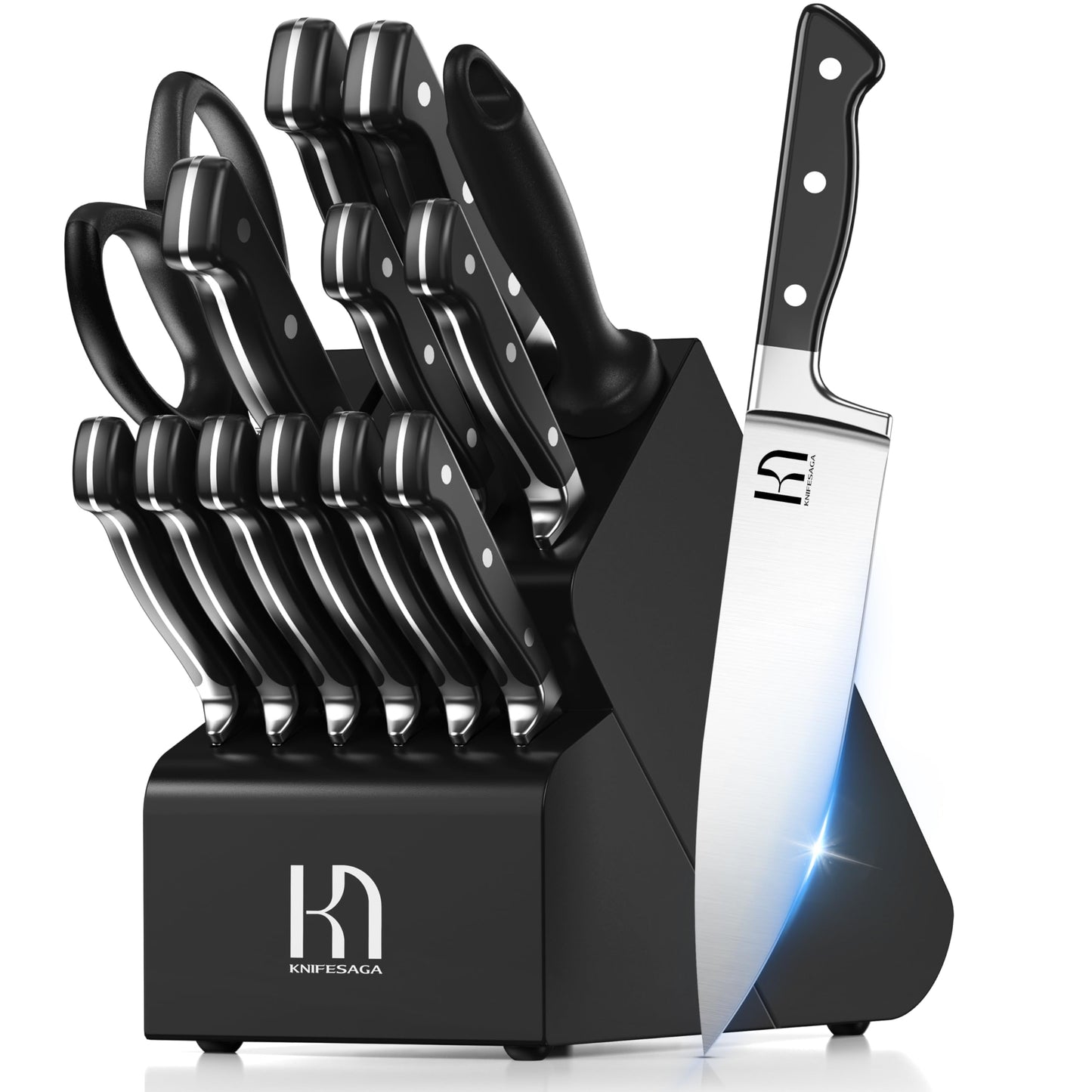 KnifeSaga 15-pc Japanese Kitchen Knife Block Set, Razor Sharp, Professional