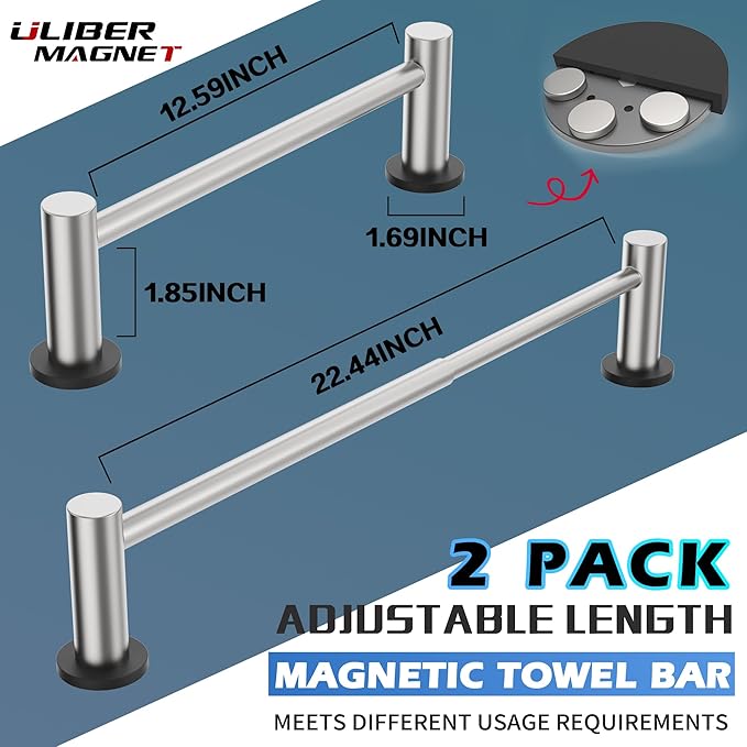 ULIBERMAGNET Magnetic Towel Holder, Magnetic Towel Rail Silver with Adjustable Length, Brushed Nickel Non-Slip Stainless Steel Towel Rail for Refrigerator, Oven, Dishwasher, Laundry (2 Pack)