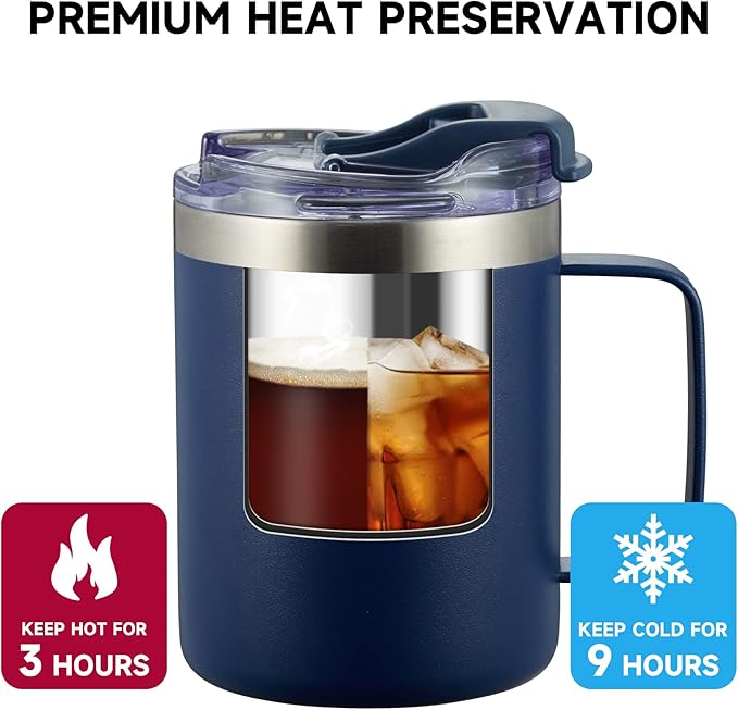 ALOUFEA 12oz Insulated Coffee Mug Cup with Handle, Stainless Steel Travel Coffee Mug with Flip Lid, Double Wall Vacuum Coffee Tumbler,Ocean Teal