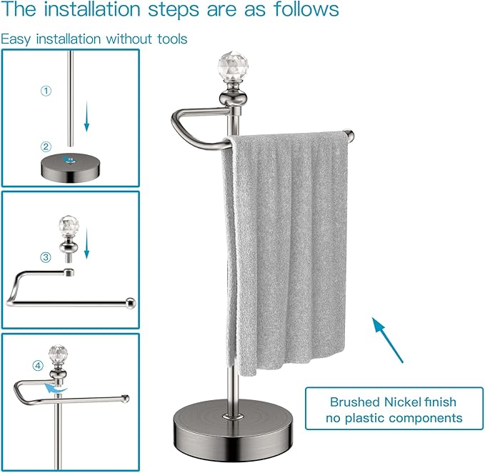 Hand Towel Holder for Bathroom, Hand Towel Rack Stand with Heavy Weighted Base, Crystal Ball Countertop Towel Rack Stand for Bathroom Kitchen (Brushed Nickel, 2 Pack)