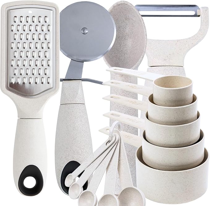 Beille 4pc Wheat Straw Kitchen Utensils Peeler Pizza Cutter Scoop and Grater