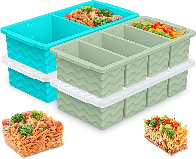 Silicone Freezer Trays with Lid for Soup, 1-Cup & 2-Cup Large Ice Cube Molds Food Storage Containers for Meal Prep, Freeze 500mL/250mL/125mL Portions – 2 Pack