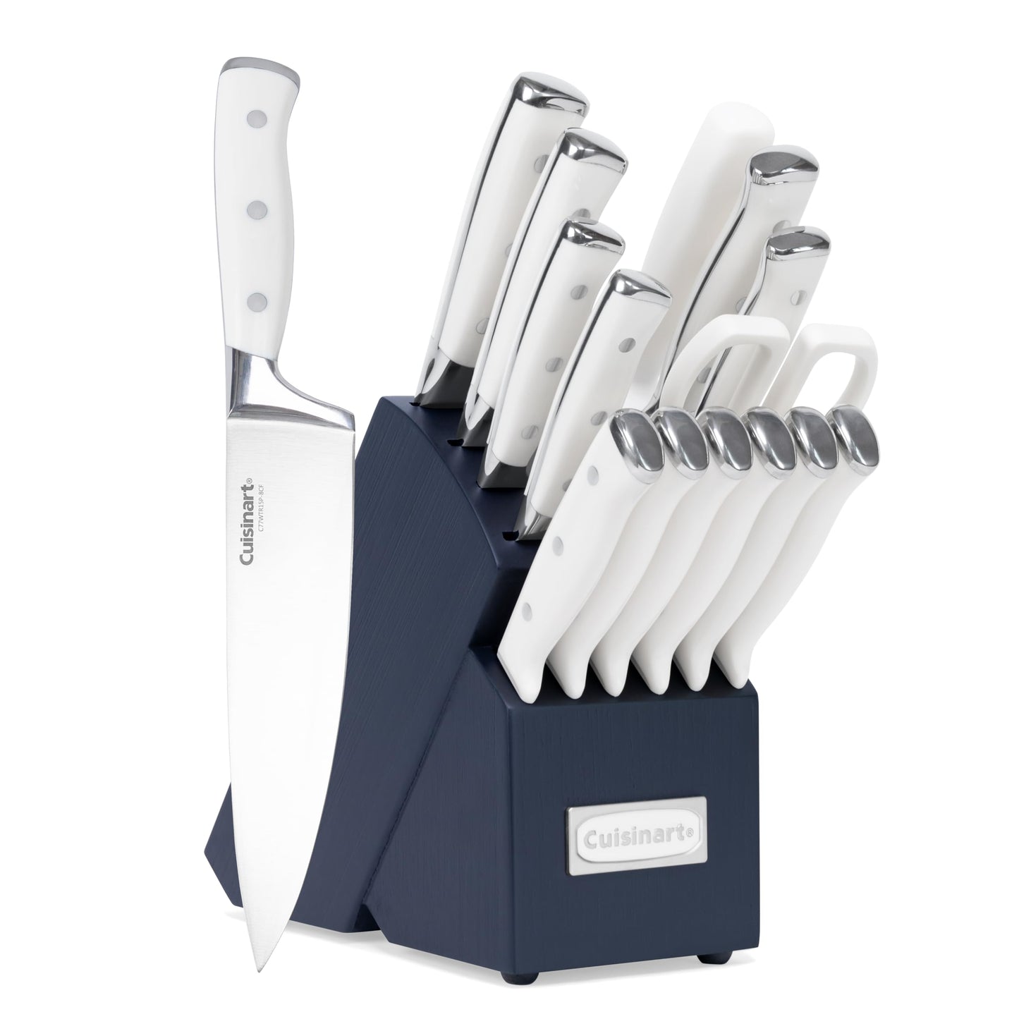 Cuisinart 15-Piece Knife Set with Block, High Carbon Stainless Steel, Forged Triple Rivet, White, C77WTR-15P