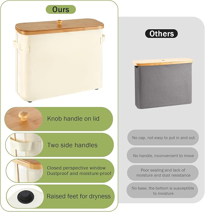 Toilet Paper Storage Basket with Lid and Handle for Bathroom， Bamboo Collapsible Toilet Paper Holder Storage with Non-Slip Bottom ,Extra Toilet Roll Storage, Beige