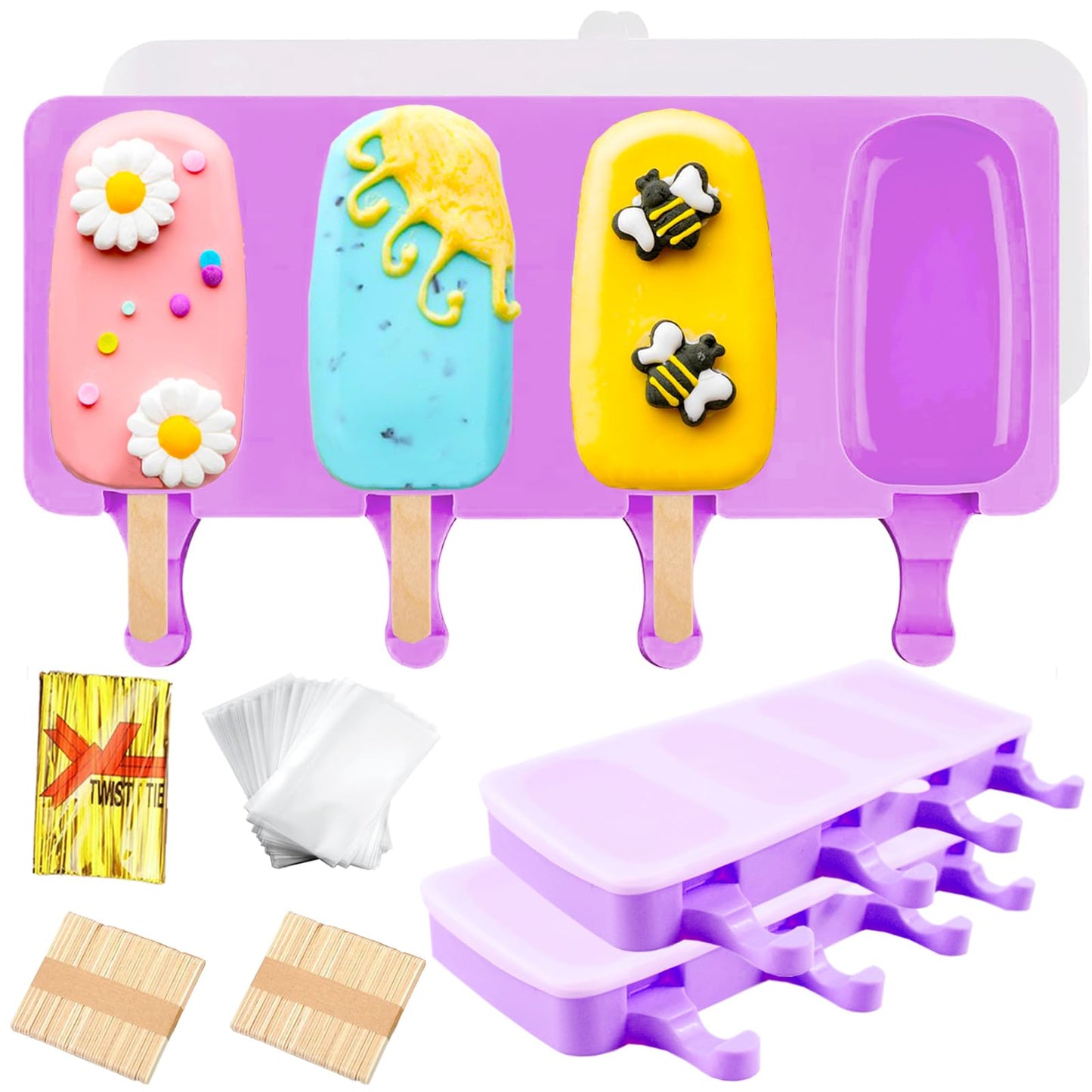 3pcs Cake Pop Molds, Silicone Popsicle Molds with Lids Ice Cream Bar Mold