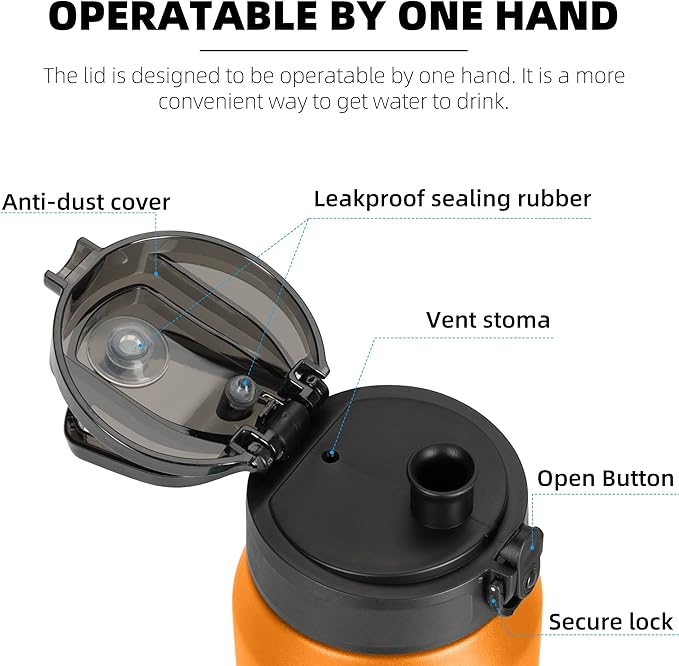 Fanhaw 24 oz Insulated Stainless Steel Water Bottle with Anti-Dust Chug Lid, Leakproof Vacuum Metal Bottle for Kids, Women & Men (Yellow Orange)