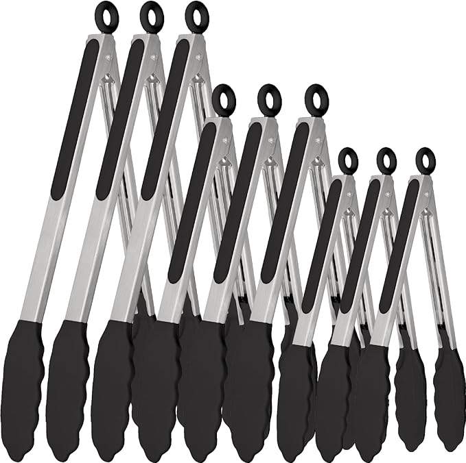 9 Pieces Silicone Tongs for Cooking 7,9,12 inches Kitchen Tongs with Silicone Tip Stainless Steel Heat Resistant Cooking Tongs for Food Grill Salad BBQ Frying and Serving, 3 Color