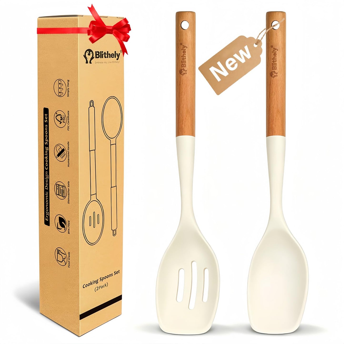 2Pcs Large Silicone Cooking Spoon Set, Nonstick Serving Spoons for Cooking, Solid and Slotted Spatula Spoons with Wooden Handle, Heat Resistan Silicone Utensil Set for Basting and Mixing(Black)