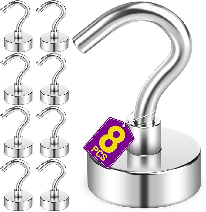 8 Pack Magnetic Hooks for Cruise Cabins, 25 LB Neodymium Magnets with Hooks, Heavy Duty Magnet Hooks for Hanging, Kitchen, Office, Towels, Curtains, Mug Holders (Silver)