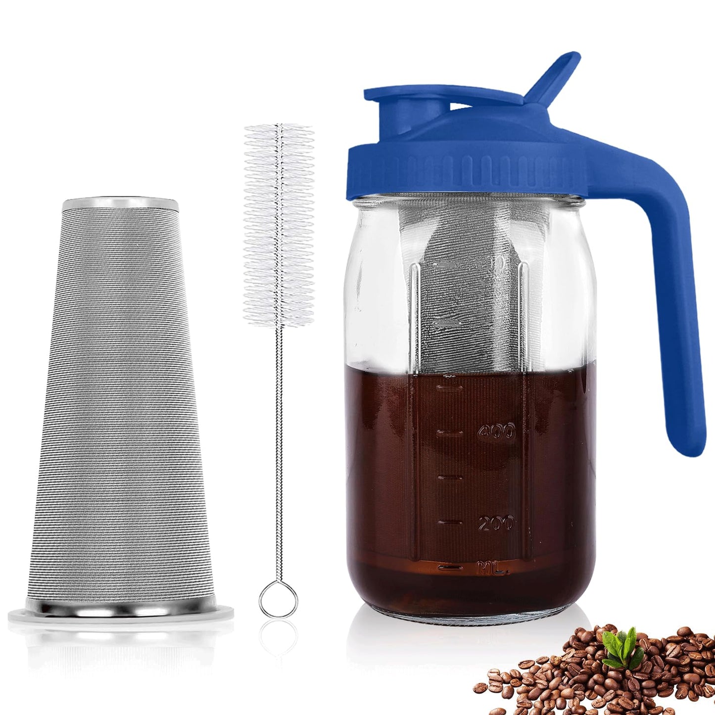 QHH Cold Brew Coffee Maker, 64 oz Mason Jar Pitcher with Stainless Steel Filter, Pour Spout Handle Lid, Airtight & Leak-Proof for Iced Coffee,Tea & Lemonade