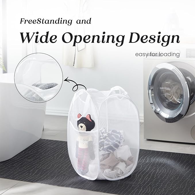 TECHMILLY Collapsible Mesh Pop Up Laundry Hamper with Sturdy Handles and Side Pocket - Portable Foldable Clothes Baskets for Dorm, Bathroom & Travel Storage (White)