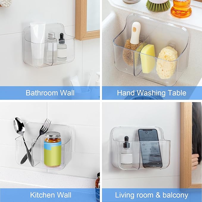 Diesisa Acrylic Wall Mount Organizer, Self Adhesive Organizer for Wall, Cabinet Door Organizer, No Drilling Hang Walls, with 2 Compartments, for Bathroom, Pantry, Kitchen, Utility Room