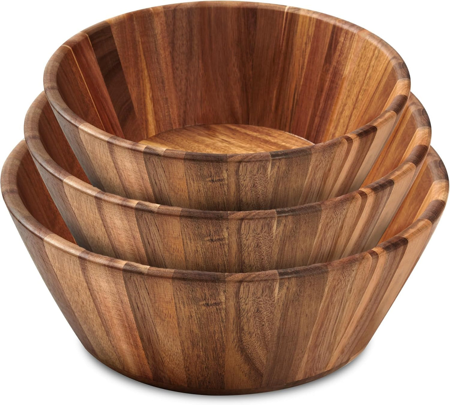Wooden Salad Bowl Set of 3, Round 12" 10" 8" Wood Bowls for Serving Food