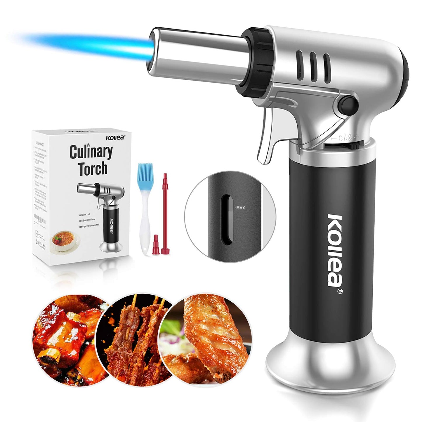Kollea Culinary Torch, Refillable Butane Kitchen Torch, Lock, Silver-Black