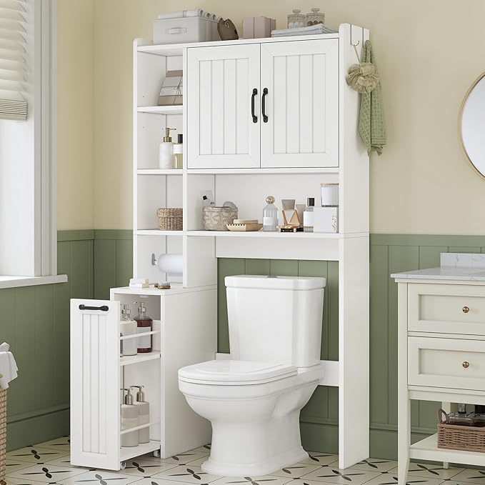 Over The Toilet Storage Cabinet with Pulley Small Bathroom Storage Cabinet, Space Saver W/Adjustable Shelf & Open Shelf for Bathroom, Restroom, Laundry (White-Type A)