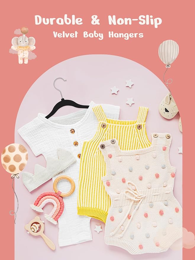HOUSE DAY 11 Inch Velvet Baby Hangers 100 Pack Black, Premium Kids Hangers for Children, Infant & Toddler Clothes, Durable Non Slip Small Baby Felt Hanger for Closet, Ideal for Everyday Use