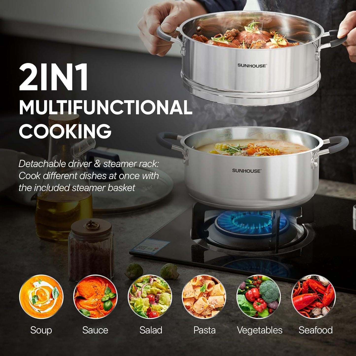 Sunhouse: 2-Tier Stainless Steel Steamer Pots - 5.5 Quart - Tempered Glass Lid, 3-Ply Bottom, Vegetable-Dumpling-Food Cookware, Dishwasher & Oven Safe