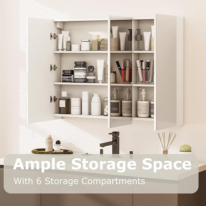Tangkula Mirrored Medicine Cabinet, Large Wide Wall Mounted Storage Cabinet with 3 Mirror Doors, Hanging Bathroom Organizer, White, 34.5 x 5 x 25.5 Inches