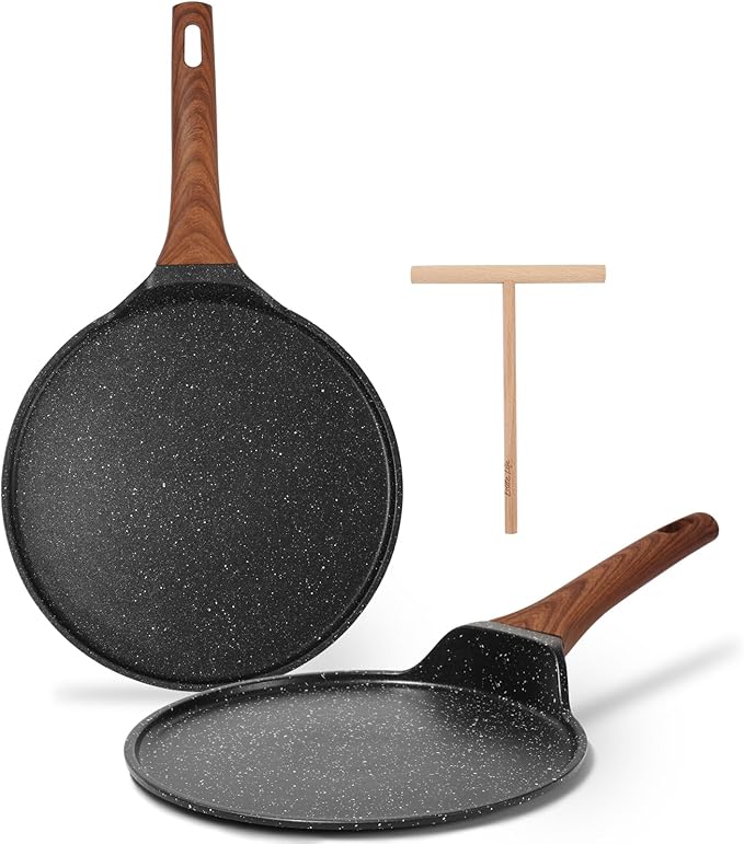 ESLITE LIFE 9.5 Inch Crepe Pan with Spreader, Nonstick Ceramic Coating Dosa Pan, Roti Tawa Comal Para Tortillas Pancake Griddle Pan, Induction Compatible, PTFE & PFOA Free, White