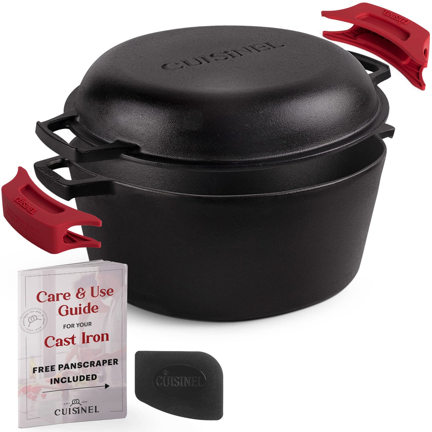 Cuisinel Cast Iron Dutch Oven - 7-Quart Deep Pot + Lid + Pan Scraper + Handle Covers - Large Pre-Seasoned Cooker for Baking Bread, Soup, Frying - Indoor/Outdoor Kitchen, Camping, Fire, BBQ Safe
