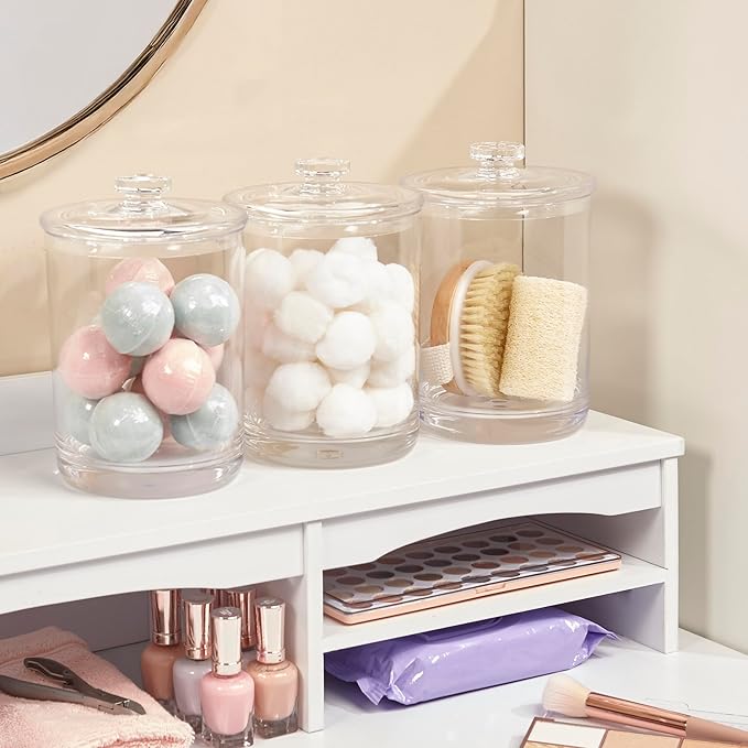 STORi Premium Quality Clear Plastic Makeup and Cotton Ball Holder | 60-oz Apothecary Jar with Lid | Perfect Storage Container to Organize Bathroom and Vanity