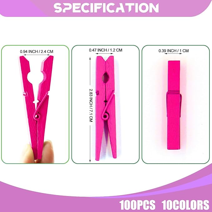 100 Pack Wooden Clothespins for Crafts, Colored Clothes Pins for Hanging Pictures Clothing Classroom, 2.9 Inch Hot Pink