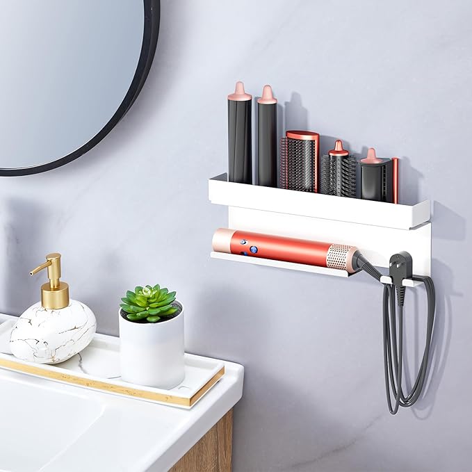 Storage Hair Dryer Holder for Curling Iron Accessories, Hair Tool Organizer Wall Mount, Curling Iron Holder, Bathroom Hair Straightener Holder Stand for Styler Attachments Organizer, White