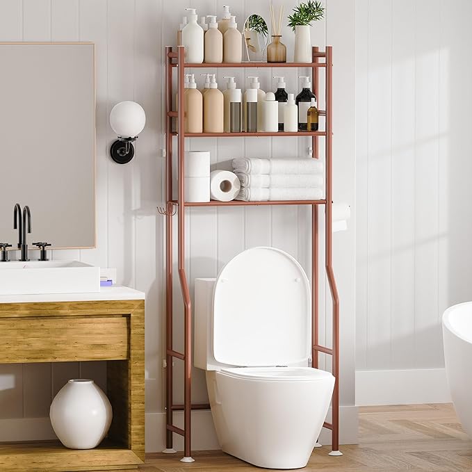 3-Tier Over The Toilet Storage, Space Saver Metal Bathroom Shelves, Freestanding Above Over Toilet Storage Shelf with 4 Hooks for Bathroom, Bronze