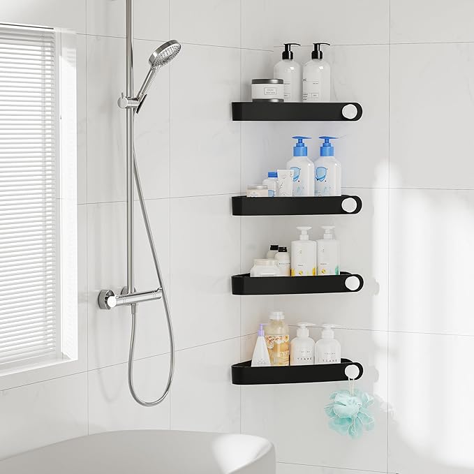 Sotfamily Plastic Shower Caddy Corner (For 90° Only), 4 Pack Adhesive Corner Shower Shelves for Bathroom Organizers and Storage, Black