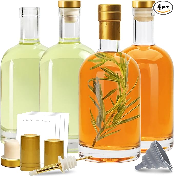 Olive Oil Dispenser Bottle for Kitchen, Clear Glass Oil and Vinegar Dispenser Set, Coffee Syrup Dispenser, Container With Metal Pour Spout, Airtight Lid, Funnel, Waterproof Labels (200ml-6 Pack)