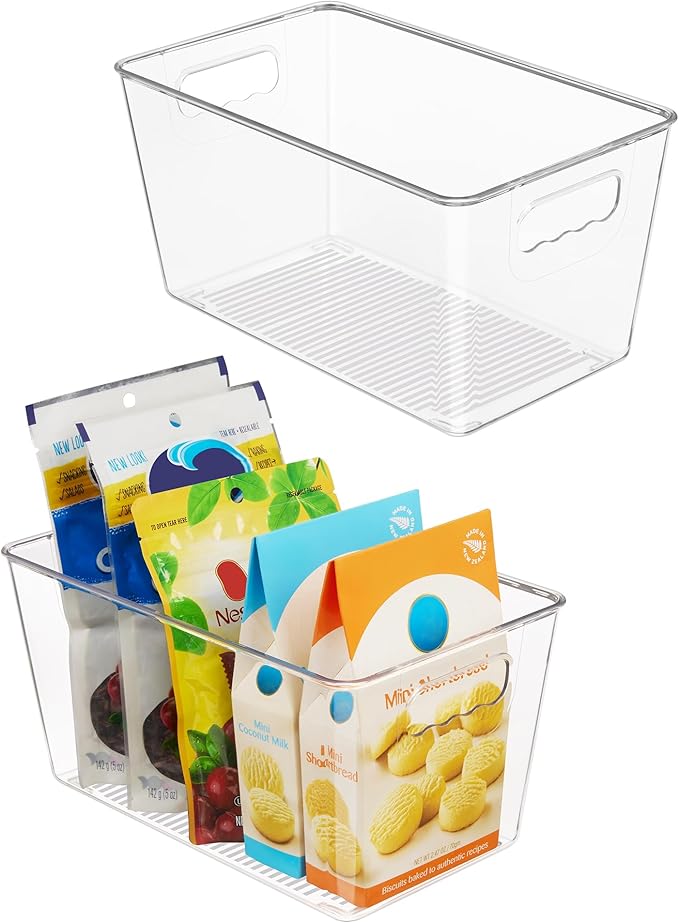 Vtopmart Clear Plastic Storage Bins, 2 PCS Pantry Organizer Bins with Handle for Refrigerator, Fridge, Cabinet, Kitchen, Countertops, Cupboard, Freezer Organization and Storage, Medium