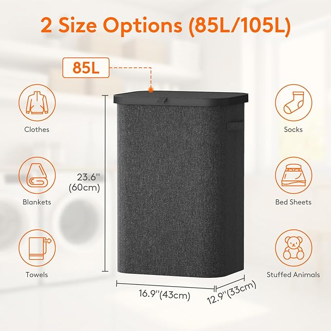 Lifewit 85L Large Laundry Basket with Lid, Laundry Hamper with Plastic Handles and Removable Bag, Foldable Tall Dirty Clothes Hampers for Laundry for Laundry Room, Bedroom, Bathroom, Dorm, Dark Gray