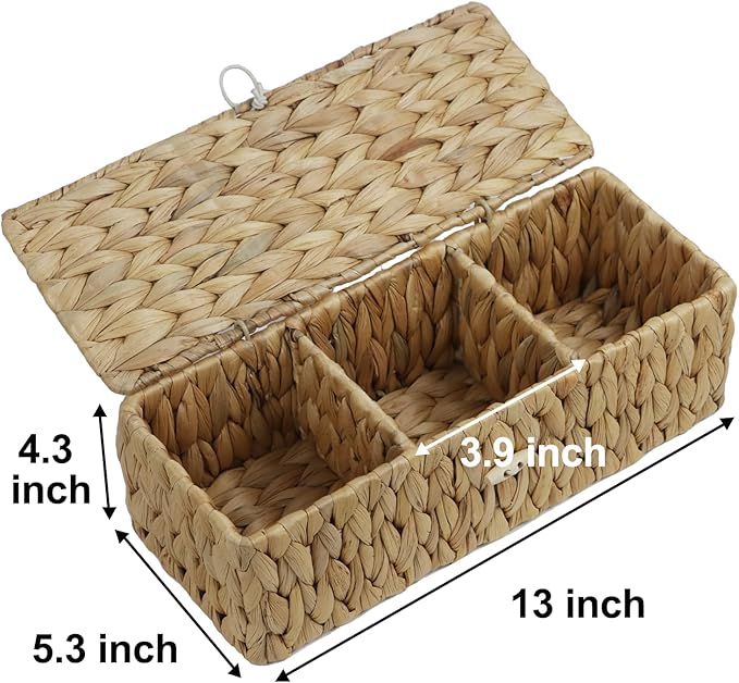 Water Hyacinth Storage Basket with Lid, Rectangular Tank Woven Wicker Baskets with Sections, Decorative Box for Snack Toys Bathroom (Water Hyacinth)