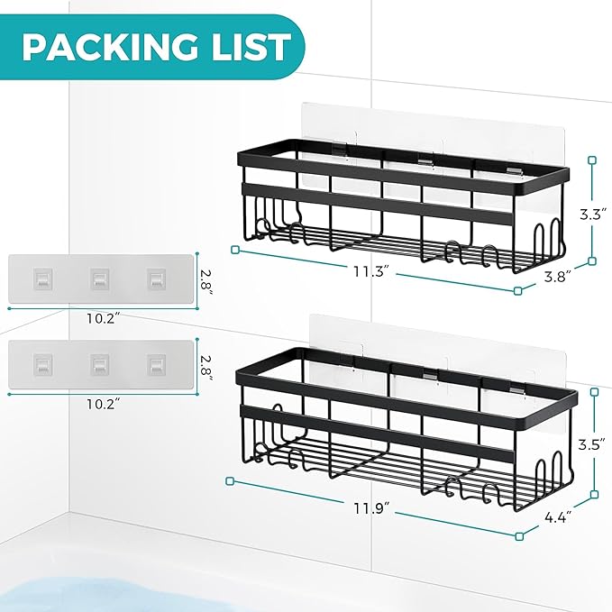 HomeHacks Shower Caddy, No Drilling Rustproof Organizer with Save Space Hooks, Apartment Essentials for Bathroom, Kitchen & Living Room, Shelf for Inside Shower, 2-Pack