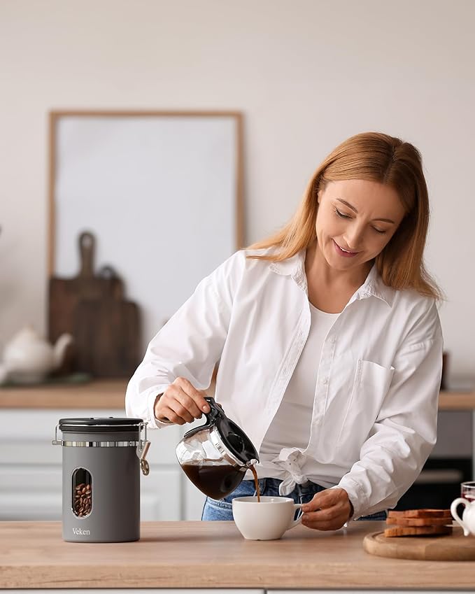 Veken Coffee Canister with Window,Airtight Stainless Steel Kitchen Food Storage Container, Date Tracker & Scoop for Grounds Coffee, Beans, Tea, Flour, Cereal,Sugar,22OZ,Grey (Pack of 2)